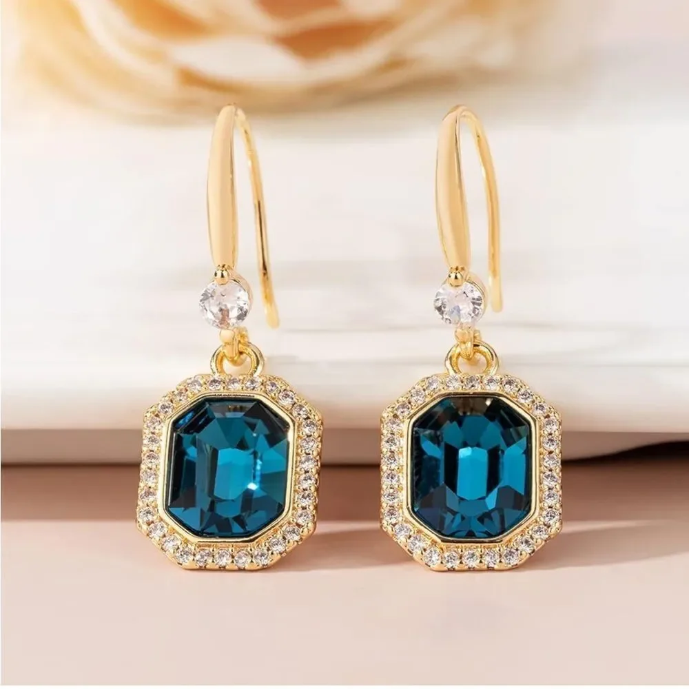 14K Yellow Gold with London Blue Topaz Austrian Crystal Octagon Halo Earrings